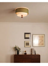 Wabi Sabi Vintage Deckenlampe – Runde Stoff-Deckenleuchte in Grün/Weiß